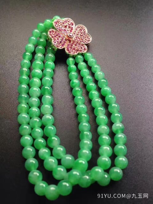 缅甸正品阳绿翡翠满色珠串手链