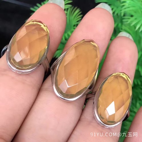 天然缅甸琥珀金兰钻石切割面菱形戒指