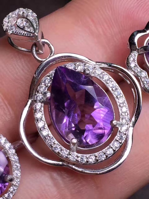 紫水晶吊坠戒指耳环三件套