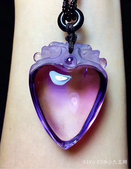 绝美天然巴西紫水晶双貔貅桃心爱心吊坠 颜色非常