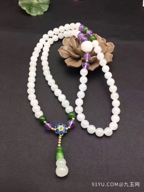 和田玉精致三圏手链搭配紫水晶和白玉莲花珠白玉葫芦