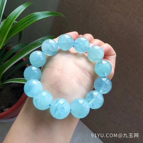 天然海蓝宝单圈手链 颜色漂亮 珠子直径约16.2M