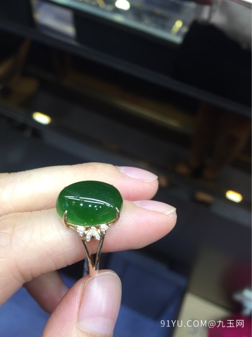 和田碧玉翡翠戒指  18k金镶嵌天然钻石