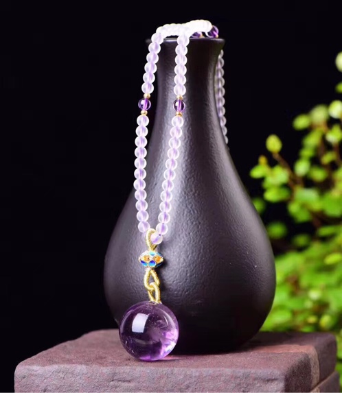 清新款天然巴西紫水晶球吊坠项链款式美 颜色水润 