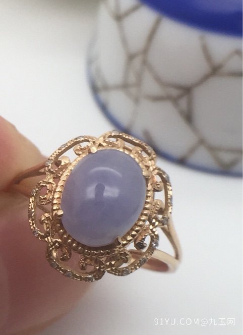 天然翡翠A货冰糯种18K金镶嵌紫色戒指