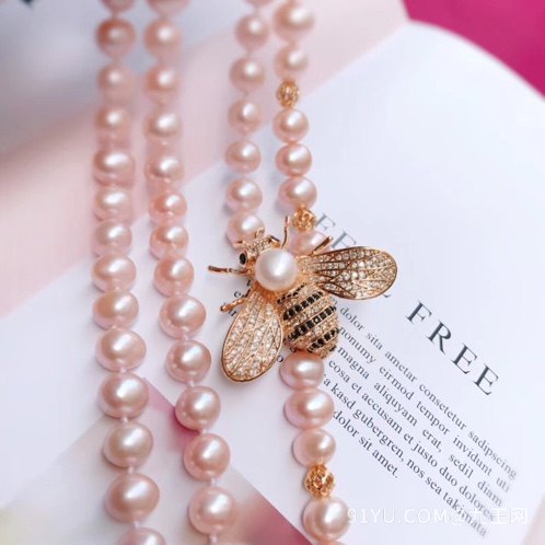 香港珠宝展最新款 小蜜蜂款毛衣链天然浅粉水珍珠 1