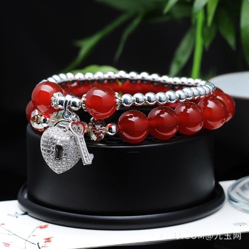 天然巴西红玉隨玛瑙手链搭配施华洛水晶925纯银珠