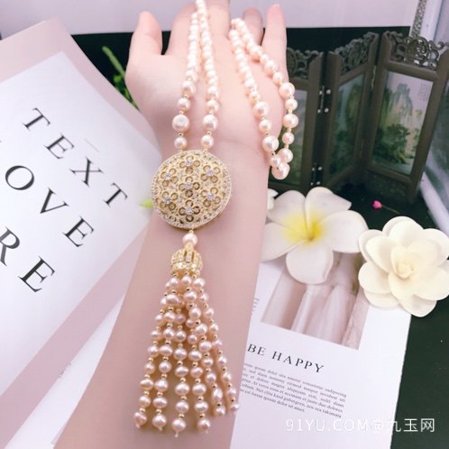 香港珠宝展最新款 天然粉珍珠毛衣链铜