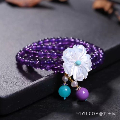 天然三圈巴西高品质紫水晶贝壳花三圈手链