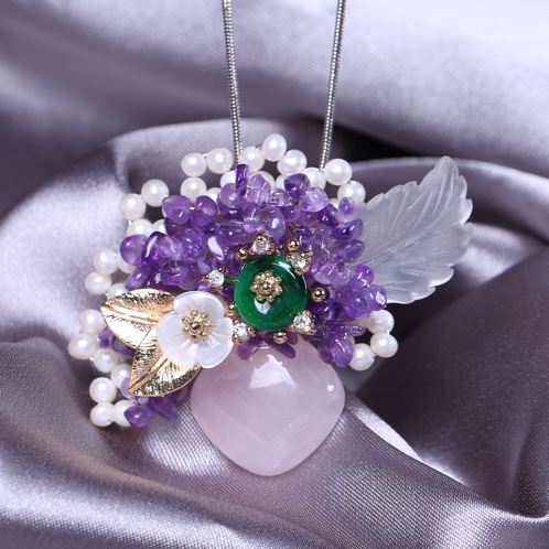 天然紫水晶珍珠粉晶贝壳花吊坠