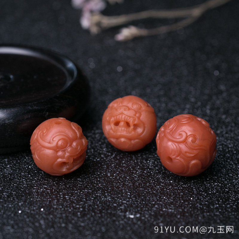 柿子红南红貔貅圆珠配件套装(三件)