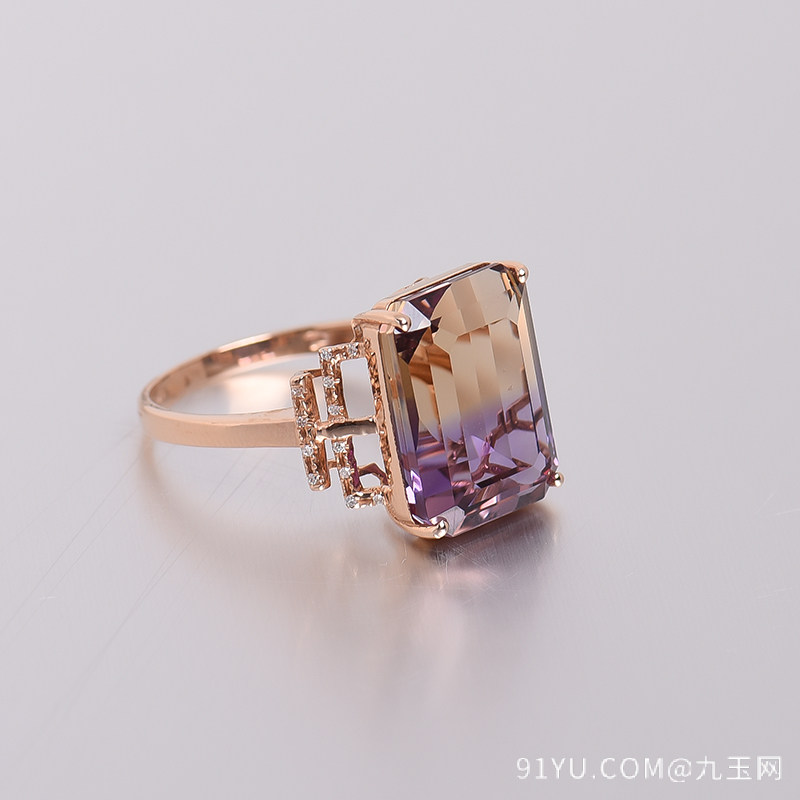18K金镶钻天然紫黄水晶戒指