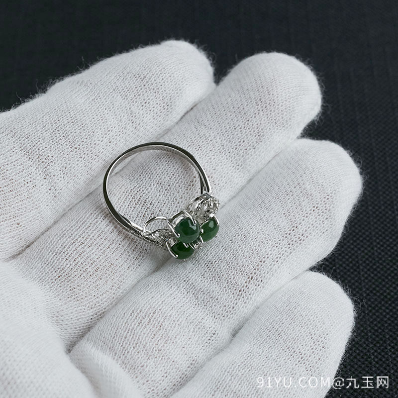 18K金冰糯种浓绿翡翠戒指