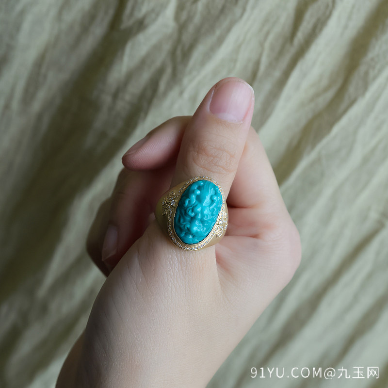 18K高瓷玉化蔚蓝绿松石龙头戒指