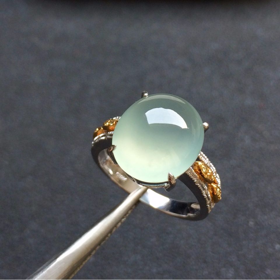 镶黄/白18K金钻石冰种晴水色翡翠戒指