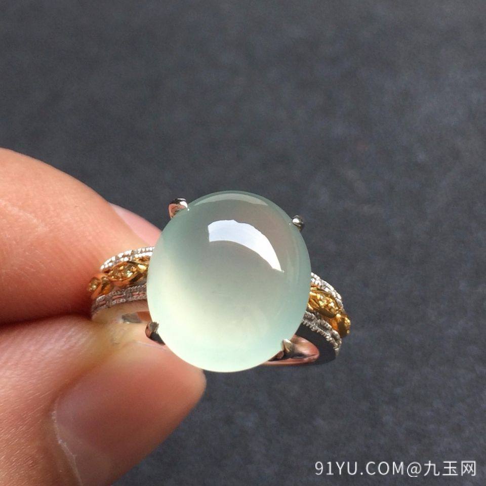 镶黄/白18K金钻石冰种晴水色翡翠戒指