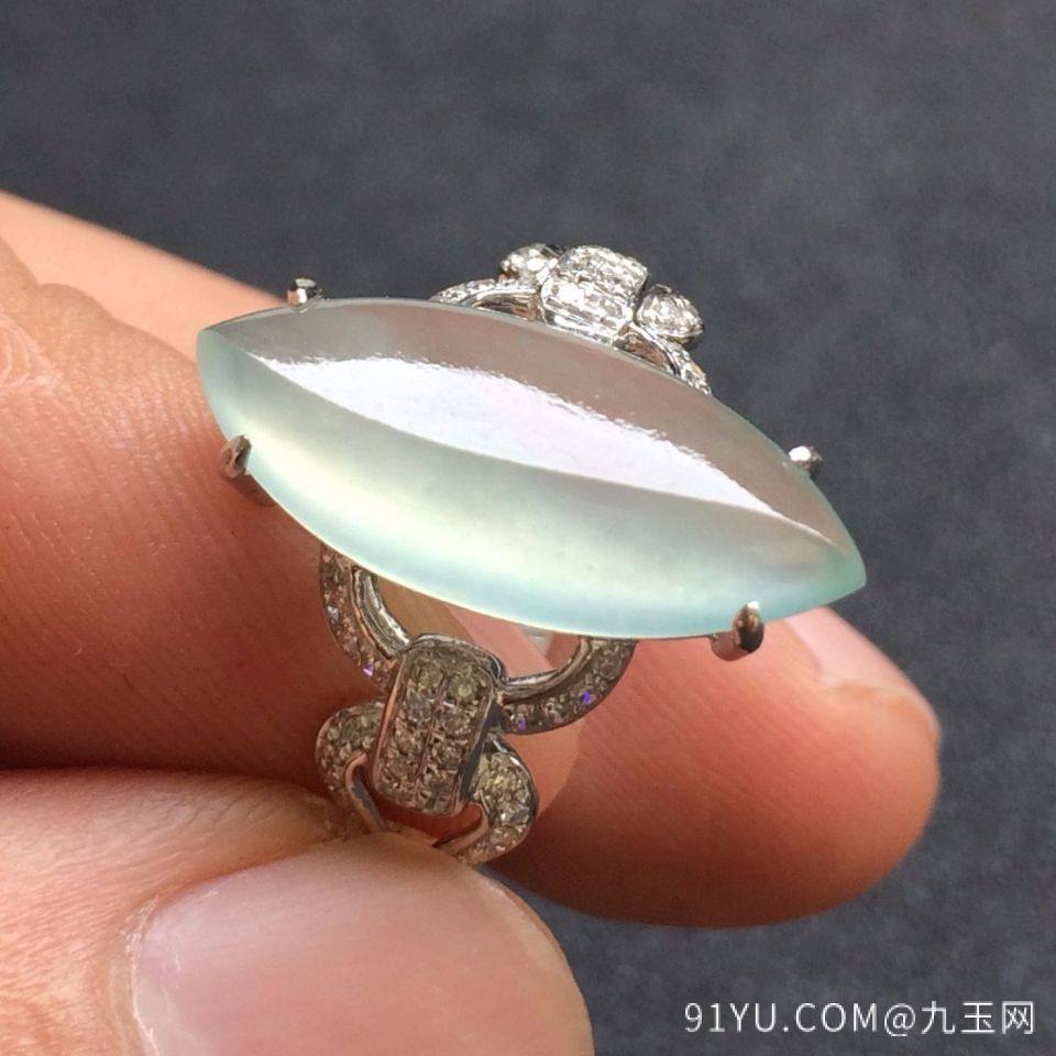 镶白18K金钻石冰种晴水色翡翠戒指