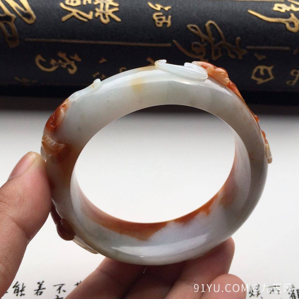 糯冰种褐黄翡福寿如意雕花手镯(57.5mm)