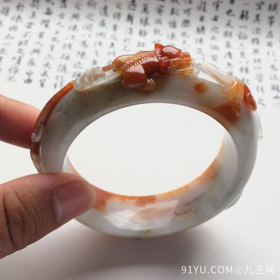 糯冰种褐黄翡福寿如意雕花手镯(57.5mm)