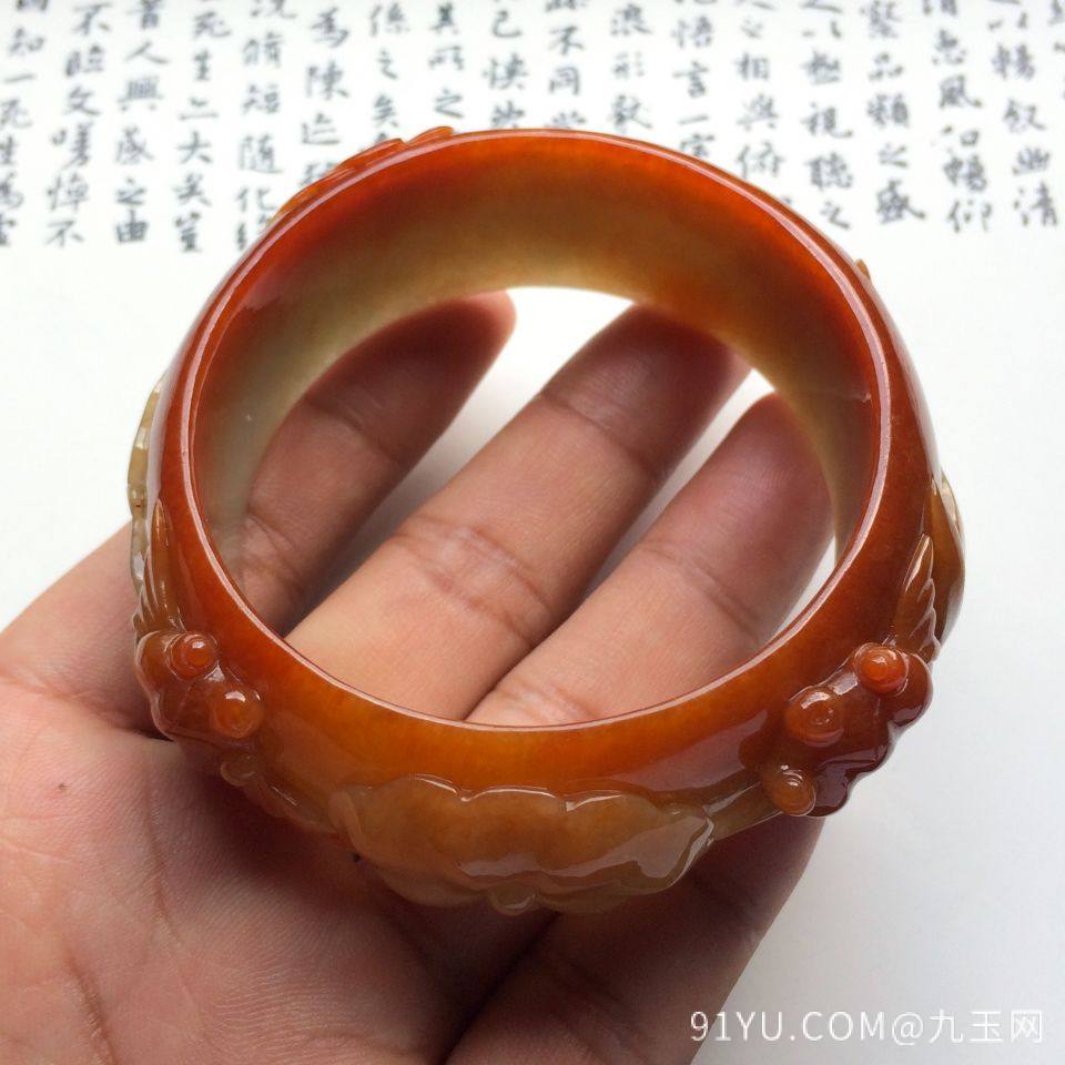 糯冰种褐黄翡金玉满堂雕花镯(58.2mm)