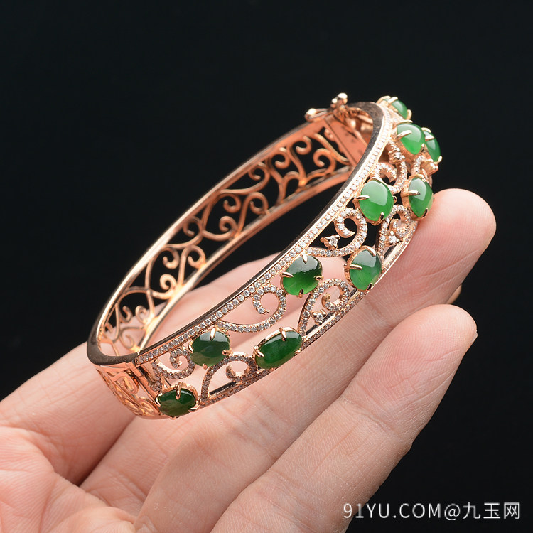 冰种阳绿镶玫瑰金钻石手镯(59.5mm)