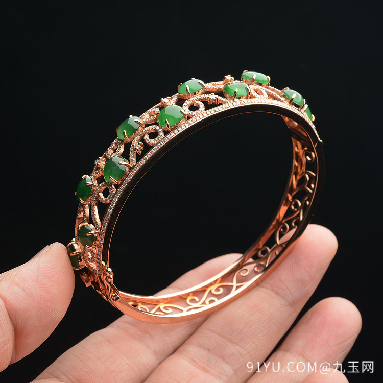 冰种阳绿镶玫瑰金钻石手镯(59.5mm)