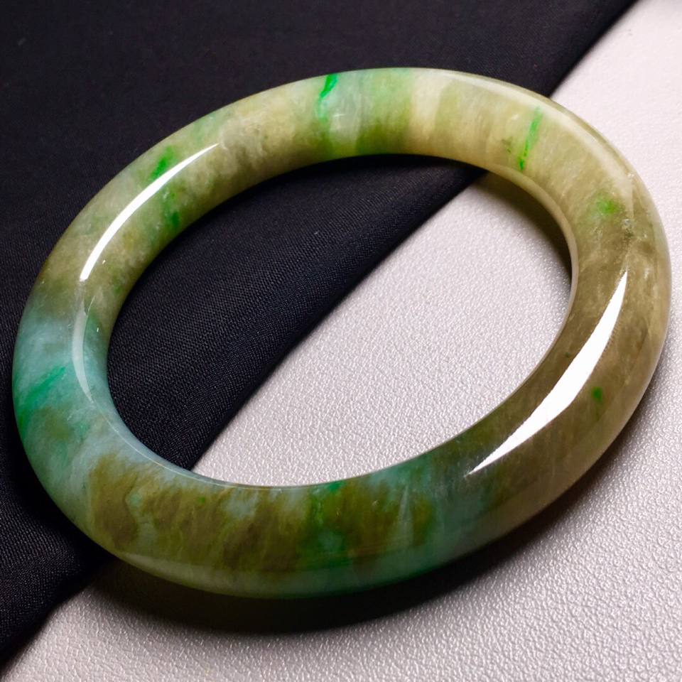 糯冰种黄加绿圆条手镯(59.3mm)翡翠