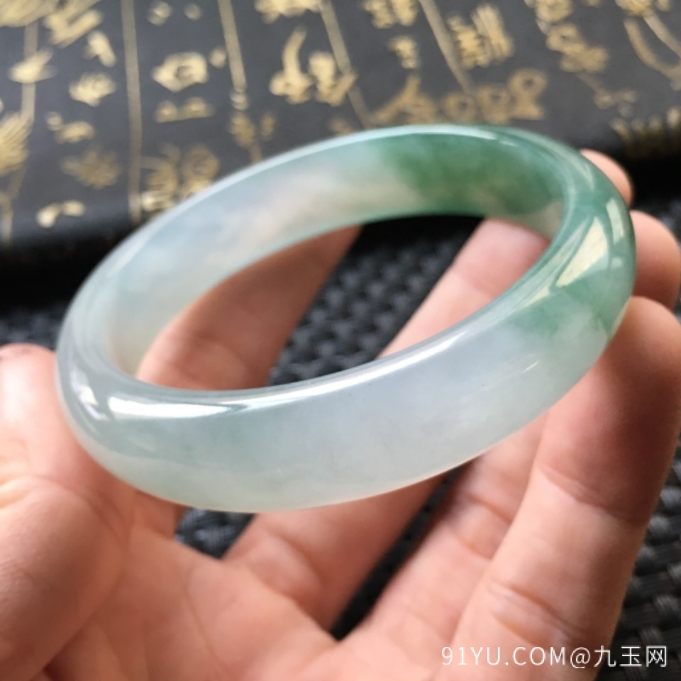 冰种飘蓝绿花翡翠手镯(57mm)