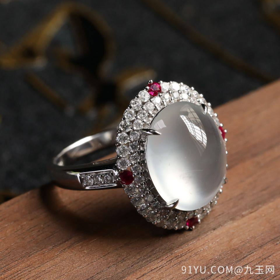 冰种无色翡翠戒指 镶白18K金钻石红宝石