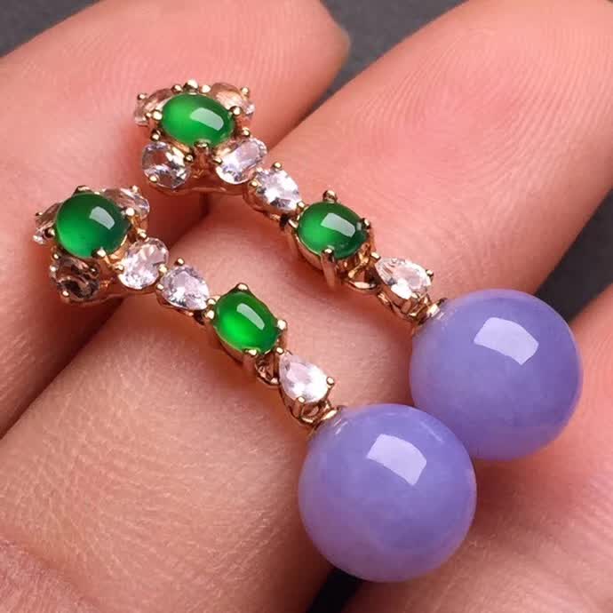 新品紫罗兰珠子耳环18K金伴钻石镶嵌A货翡翠，种好色辣，时尚大方，完美无瑕����