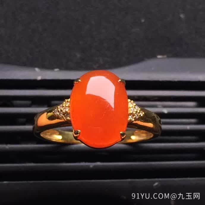 新品红翡蛋面戒指18K金伴钻石镶嵌A货翡翠，种好色辣，时尚大方，完美无瑕����