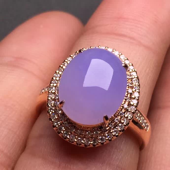 新品豪华紫罗兰蛋面戒指18K金伴钻石镶嵌A货翡翠，种好色辣，时尚大方，完美无瑕����