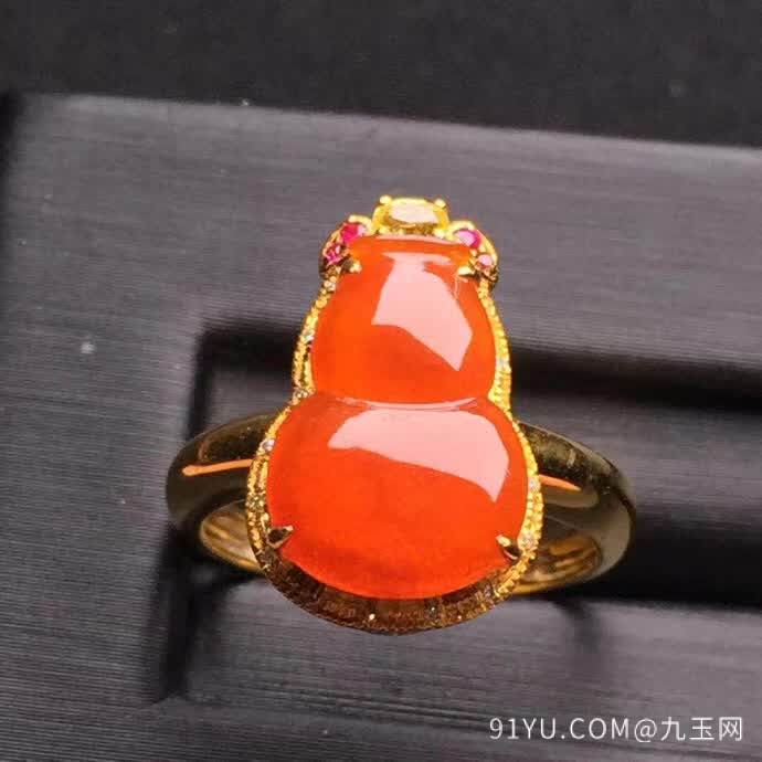 新品：红翡葫芦戒指18K金伴钻石镶嵌A货翡翠，种好色辣，时尚大方，完美无瑕����