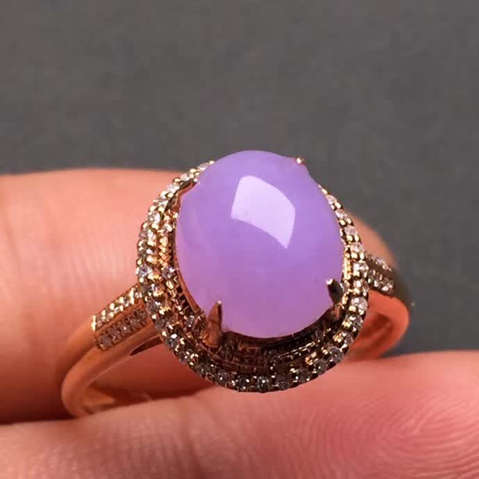 新品：豪华紫罗兰蛋面戒指18K金伴钻石镶嵌A货翡翠，种好色辣，时尚大方，完美无瑕����