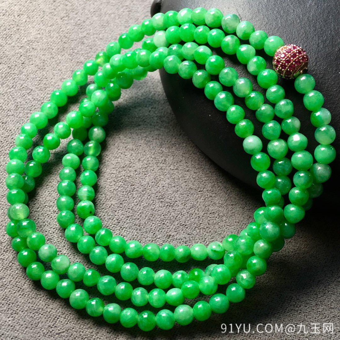 ❤。冰种正阳绿珠珠项链手链两用，珠圆玉润，料子细腻，直径：3.5mm