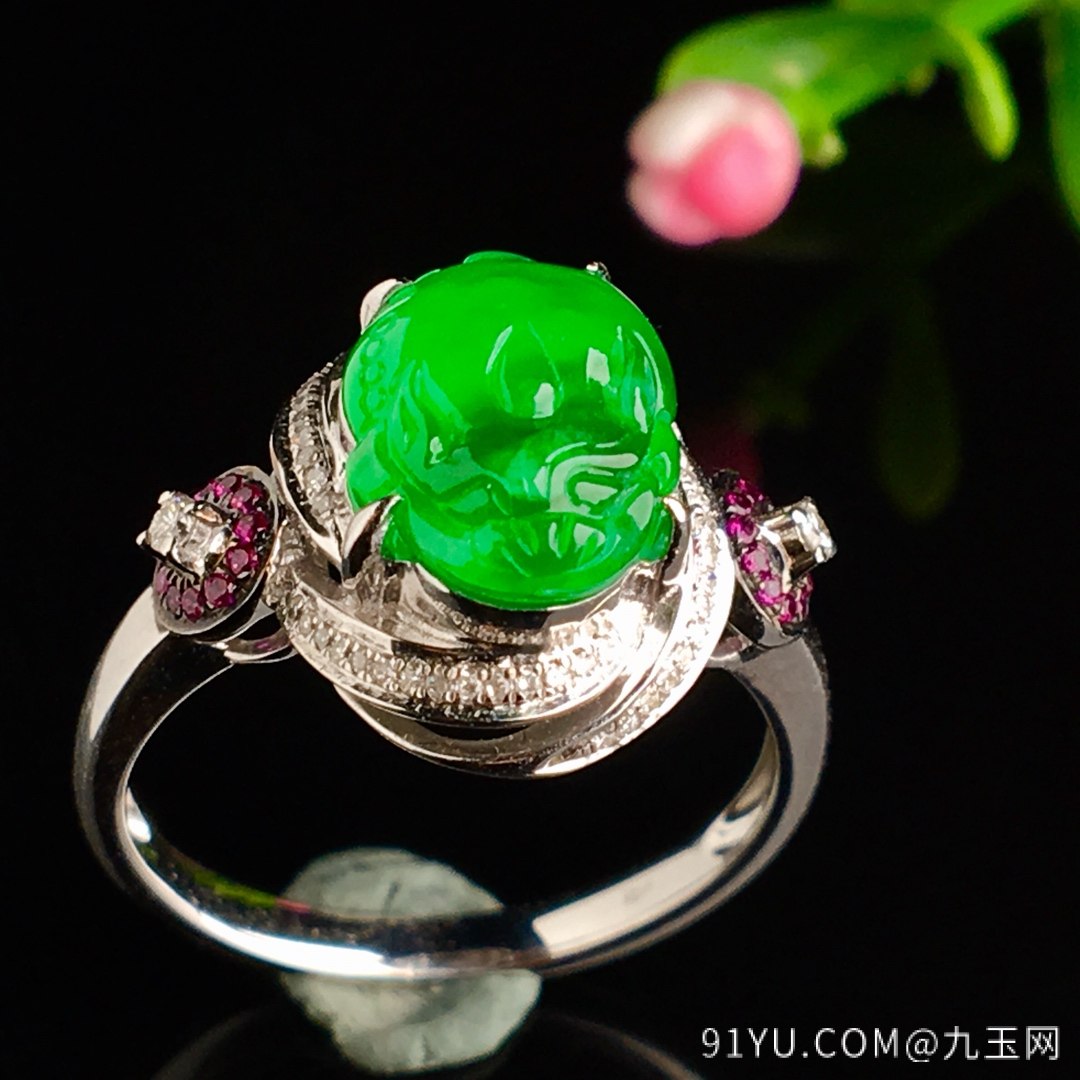 冰辣绿貔貅戒指，色辣，戒指内圈17裸石尺寸11-8.5-5