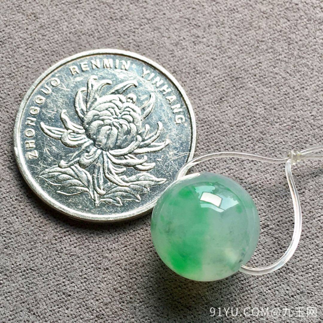 高冰种飘绿珠珠，珠圆玉润，水头足，起光起胶，裸石：13.4mm