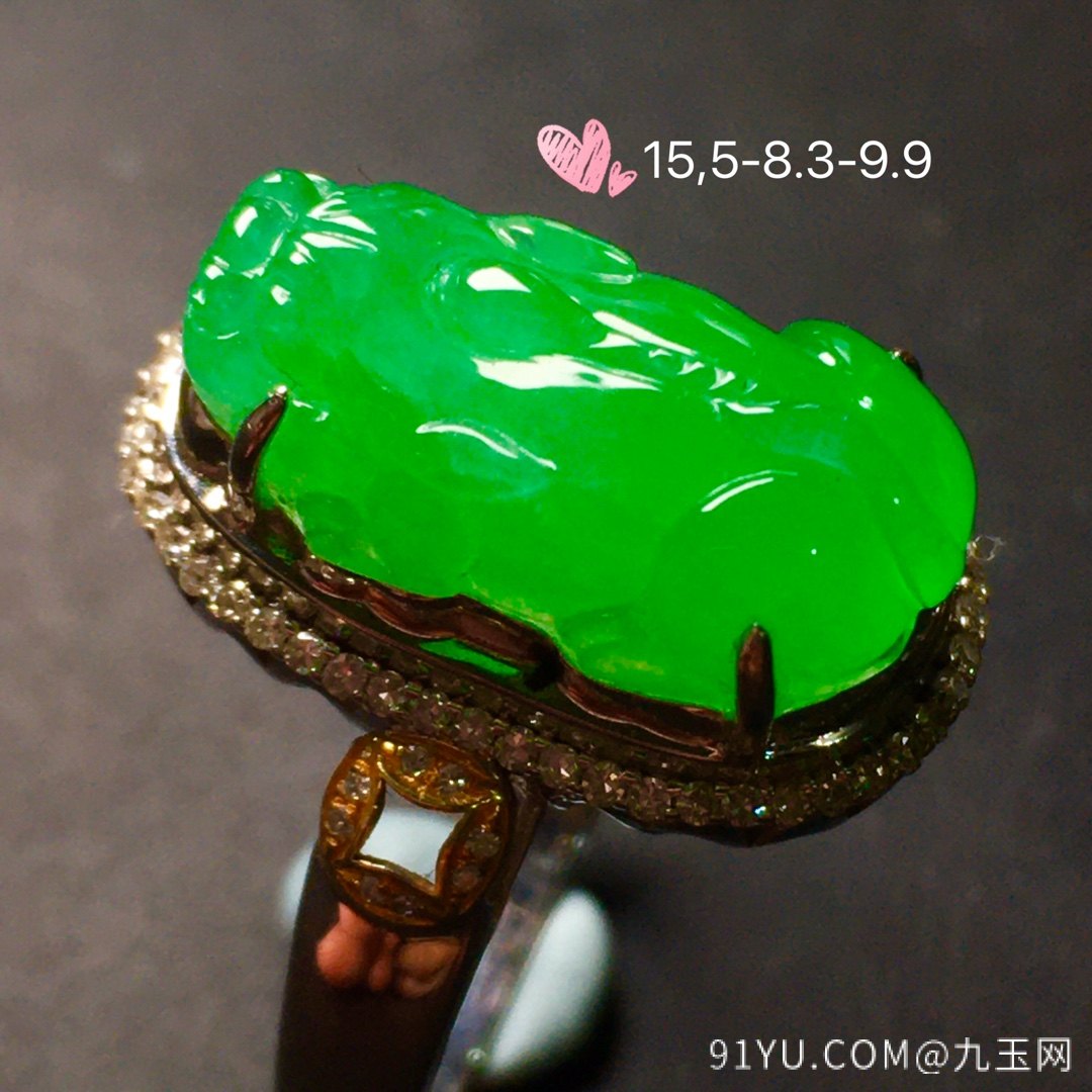 价[色] 【貔貅戒指，冰正阳绿】水润通透，玉质细腻，完美无暇，18k金奢华钻石镶嵌☕