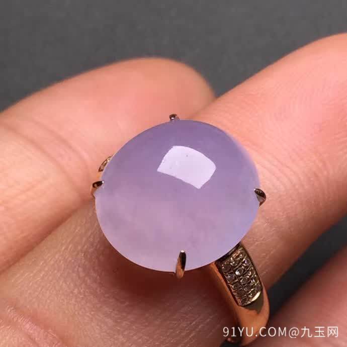 新品冰紫蛋面戒指18K金伴钻石镶嵌A货翡翠，种好色辣，时尚大方，完美无瑕����
