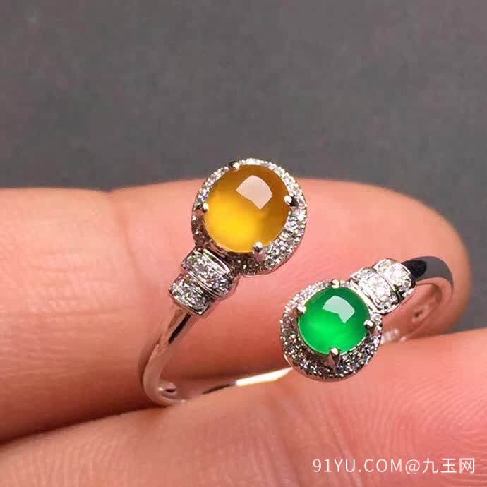 新品/2号黄+绿二合一蛋面戒指18K金伴钻石镶嵌A货翡翠，种好色辣，时尚大方，完美无瑕����