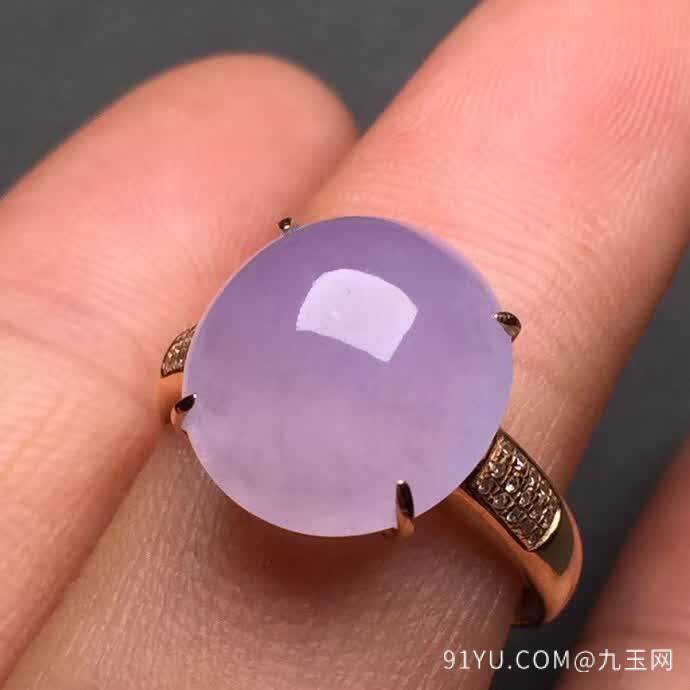新品冰紫蛋面戒指18K金伴钻石镶嵌A货翡翠，种好色辣，时尚大方，完美无瑕����