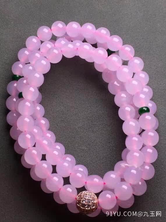 新品：粉紫珠子项链18K金伴钻石镶嵌A货翡翠，种好色辣，时尚大方，完美无瑕����