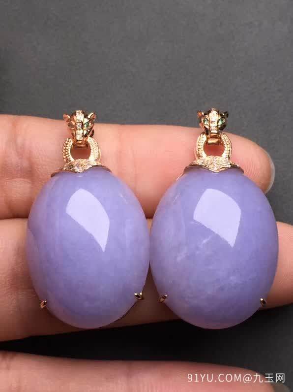 新品/件紫罗兰鸽子蛋吊坠18K金伴钻石镶嵌A货翡翠，种好色辣，时尚大方，完美无瑕����