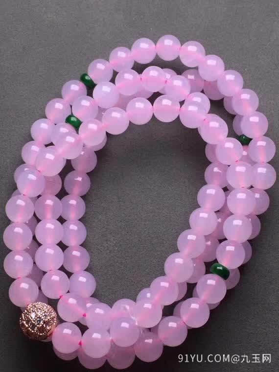 新品：粉紫珠子项链18K金伴钻石镶嵌A货翡翠，种好色辣，时尚大方，完美无瑕����