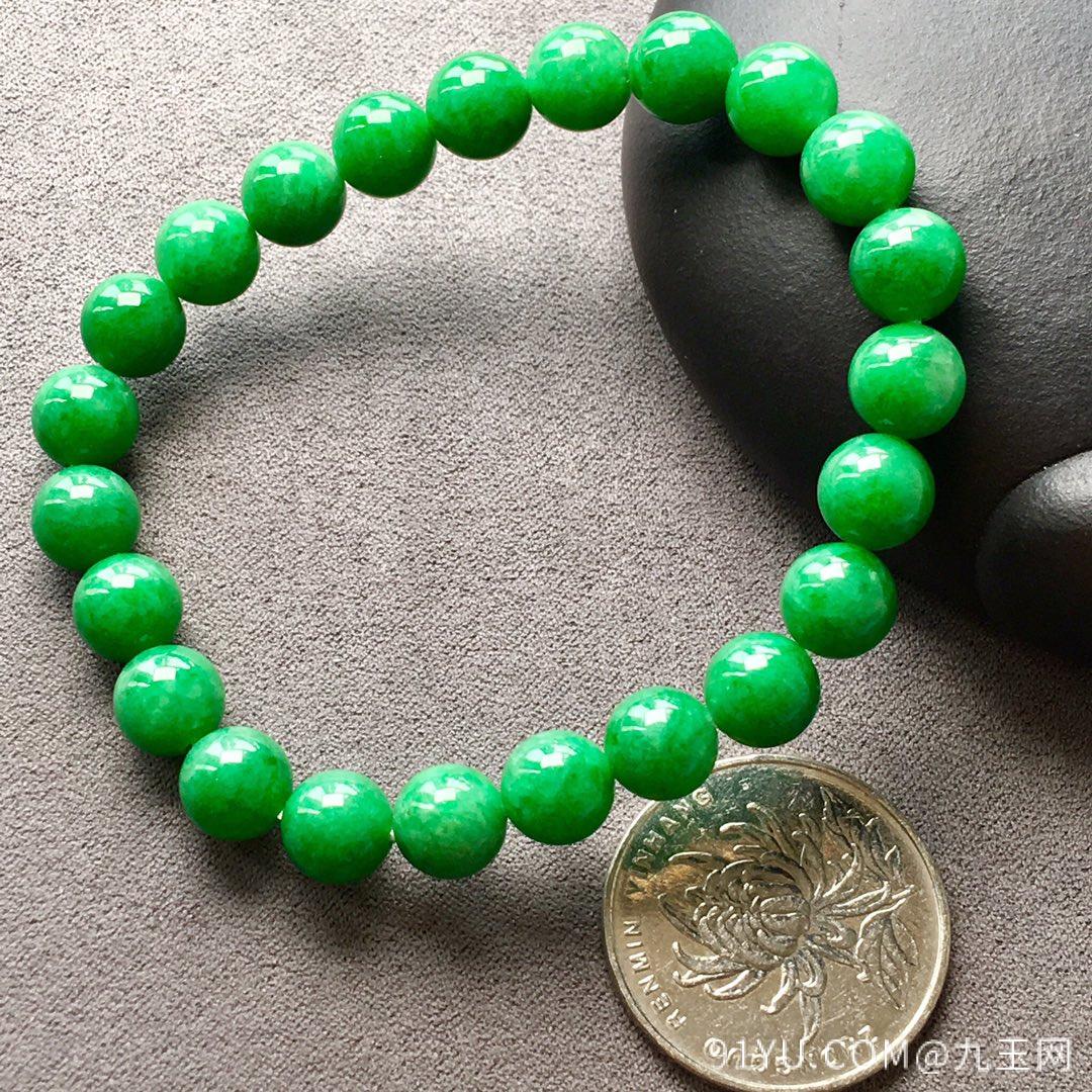 冰种阳绿珠珠手串，色阳绿，料子细腻，直径；8mm