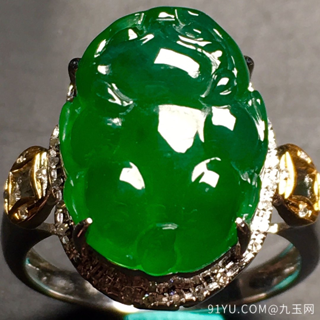 【冰阳绿，貔貅戒指】水润通透，玉质细腻，冰绿冰透，完美无暇，18k金奢华钻石镶嵌