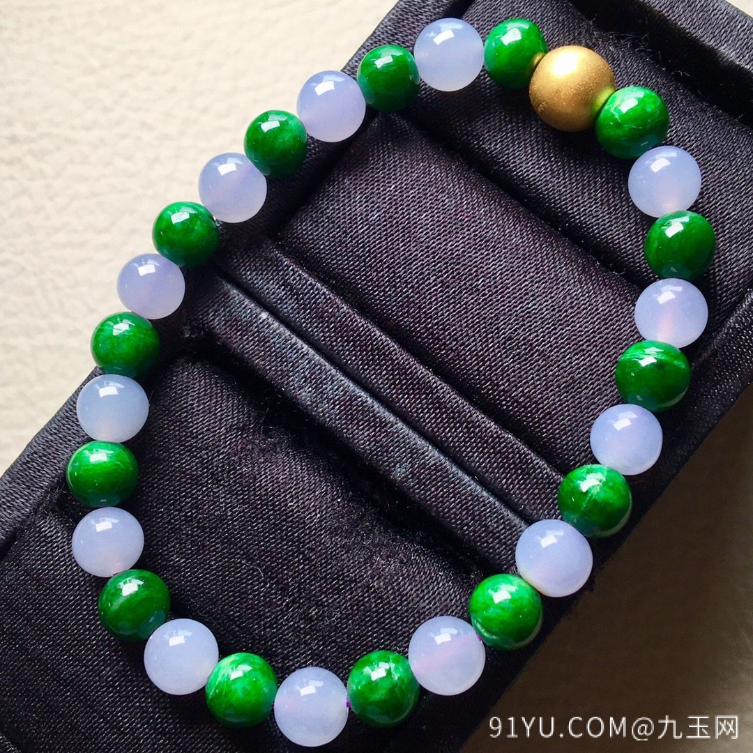 ❤。冰紫绿珠珠手串，中色一流，18K金配饰，直径：7.5mm