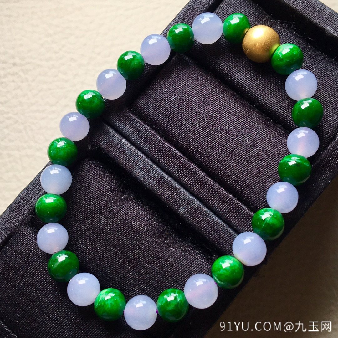 ❤。冰紫绿珠珠手串，中色一流，18K金配饰，直径：7.5mm