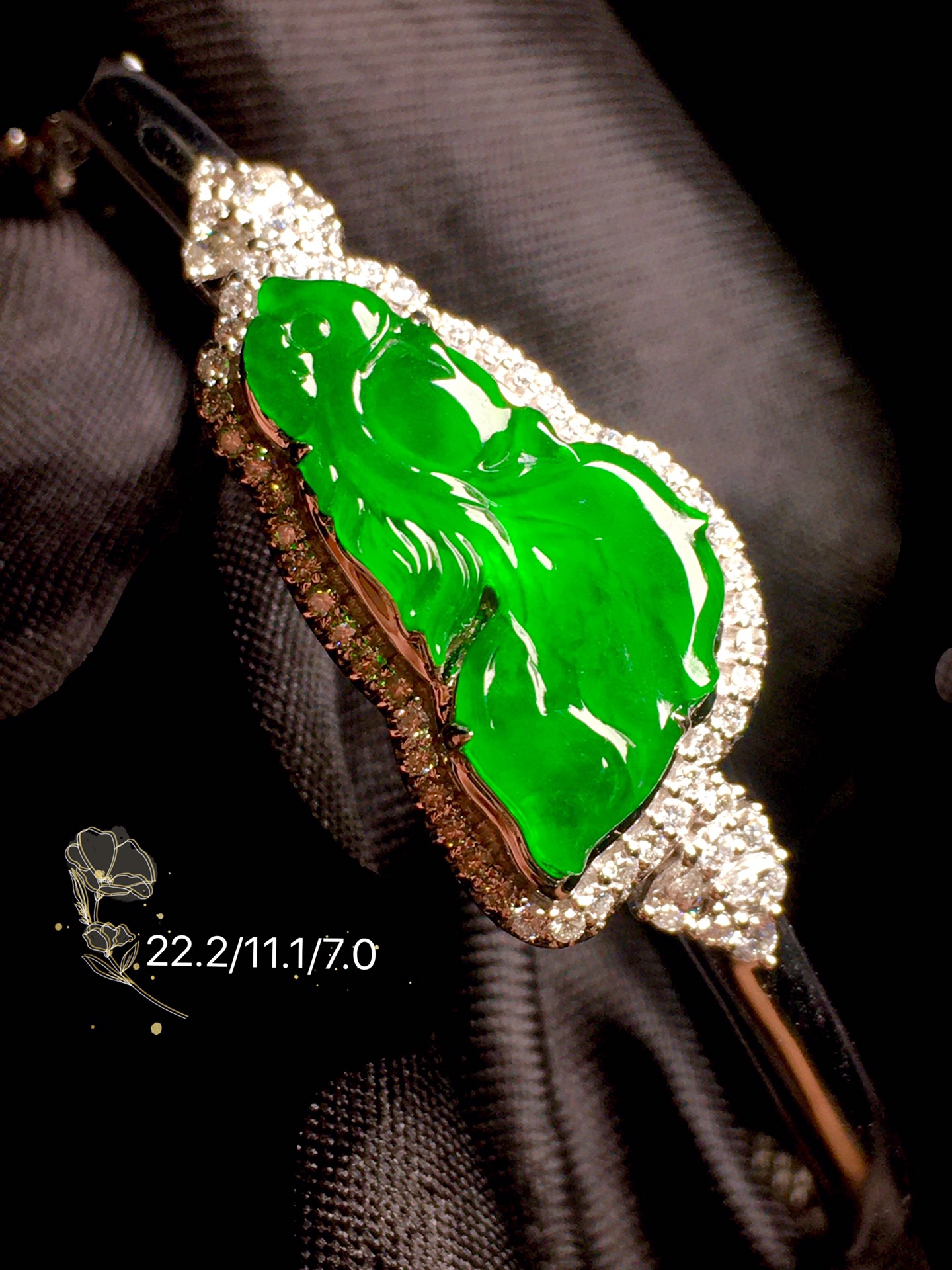 【高冰阳绿，金鱼手镯】水润，玉质细腻，冰绿冰透，完美无暇，18k金奢华钻石镶嵌